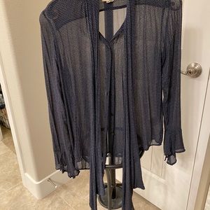 Sheer, button up, navy blouse with neck tie